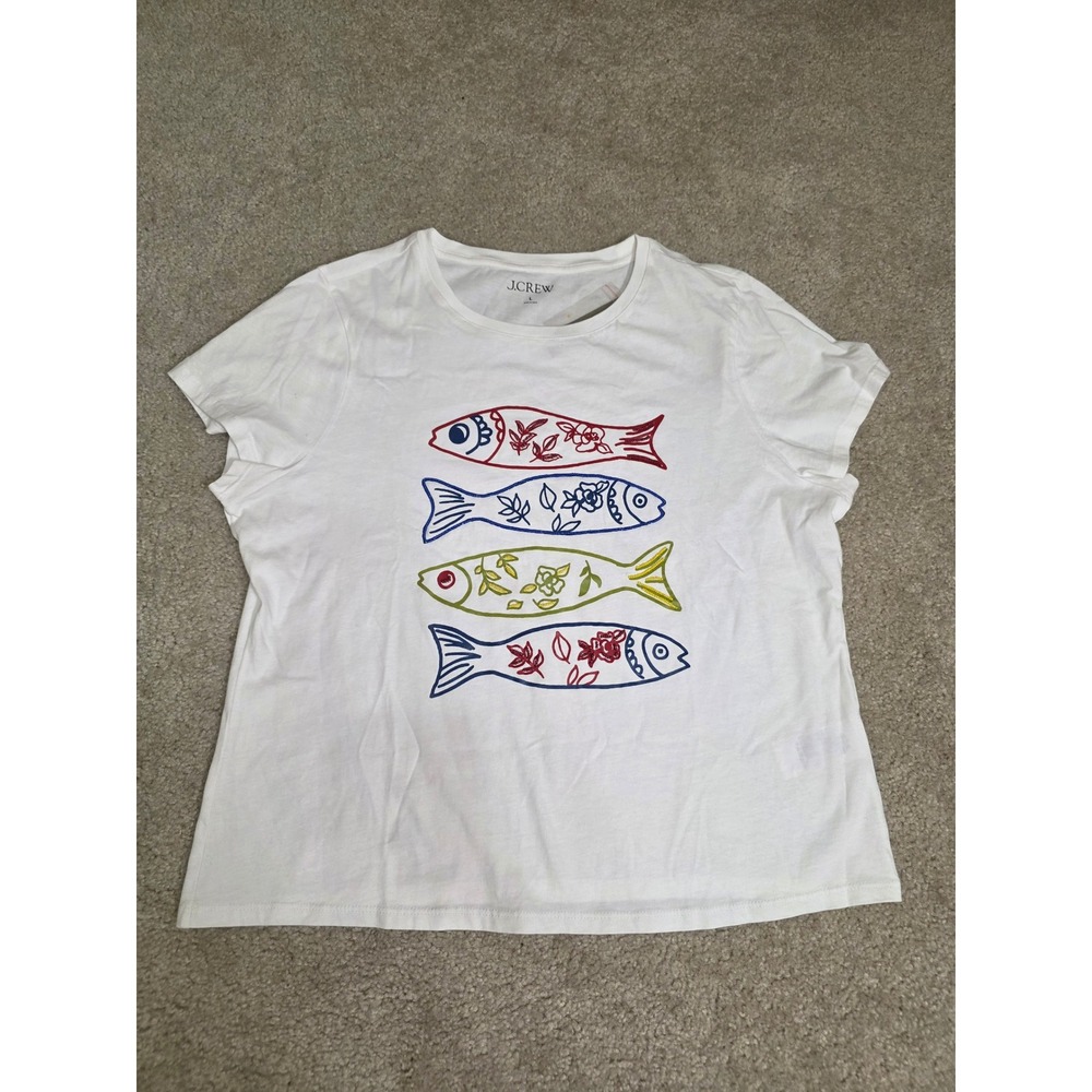 J.Crew Womens L White Beaded Embroidered Fish Graphic T-Shirt Nautical Cotton